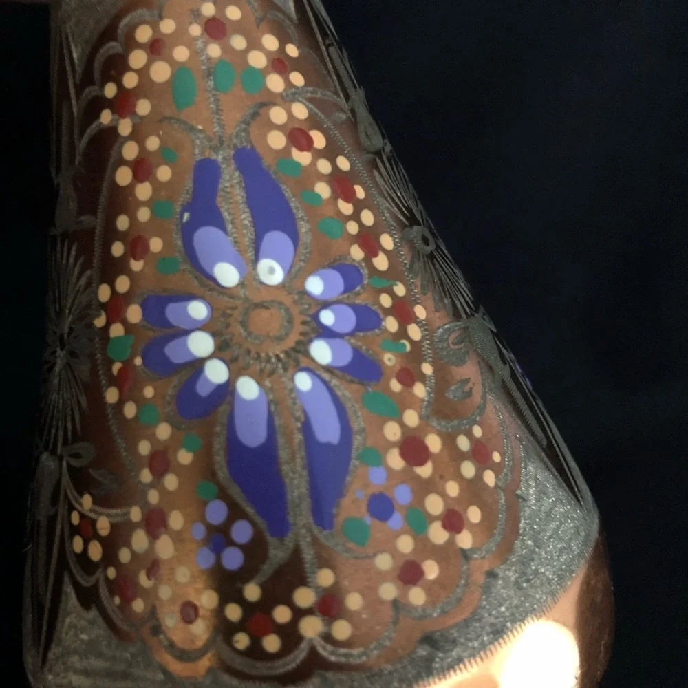 Vintage Hand Painted & Etched Copper Vase with Floral Designs